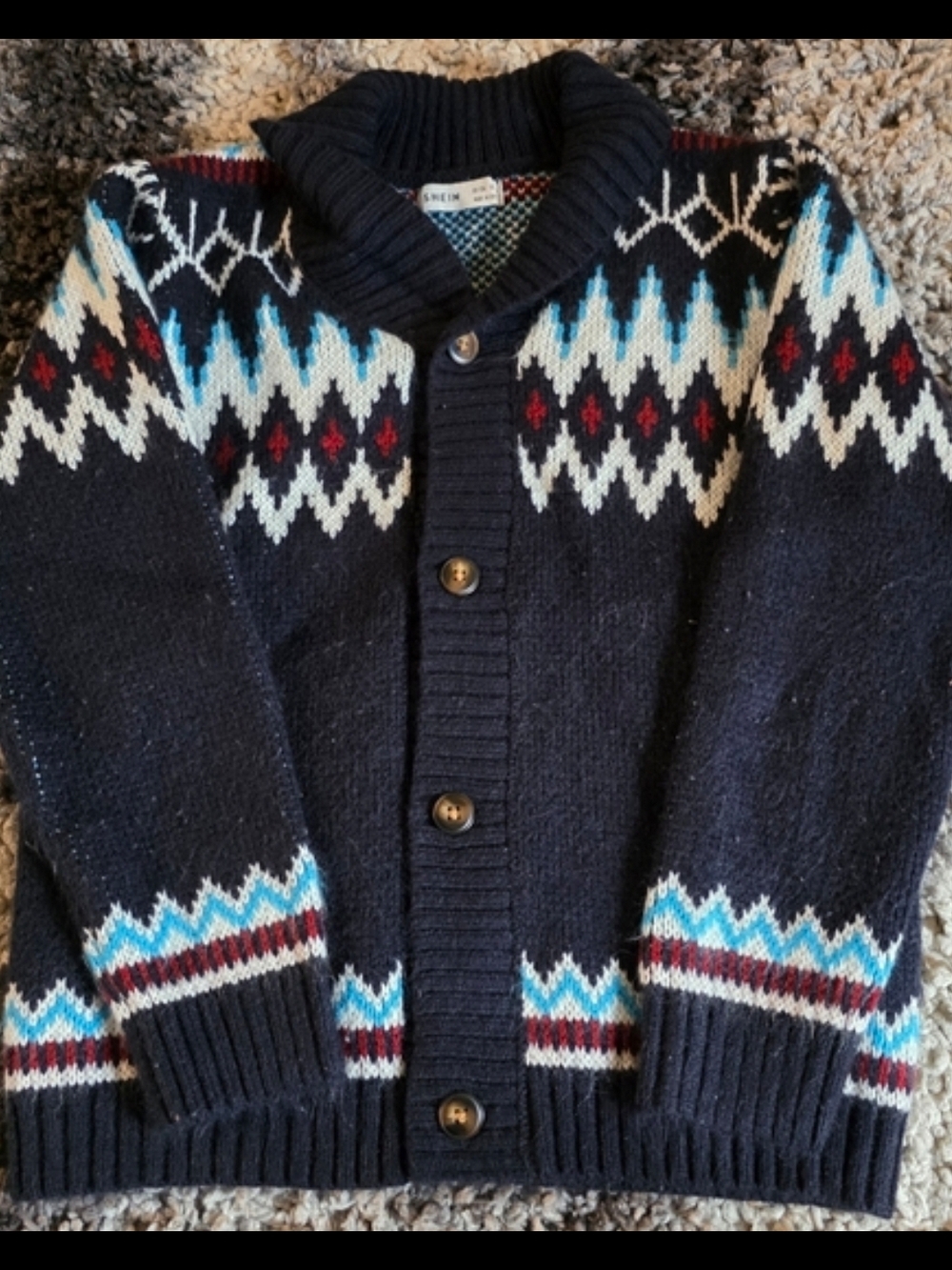 SHEIN Navy Fair Isle Shawl Collar Cardigan with Blue & Red Accents